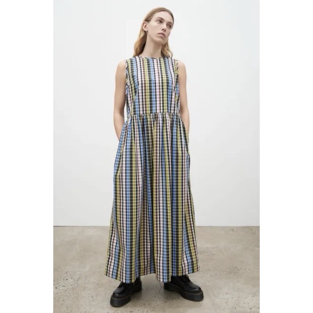 Kowtow Charlie Dress XS Organic Cotton Check Sleeveless Maxi Pockets Relaxed